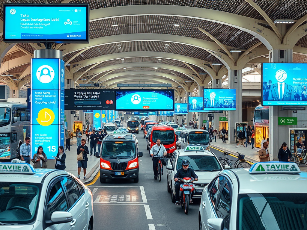 A busy transportation hub filled with taxis, buses, and people, surrounded by digital advertisements.