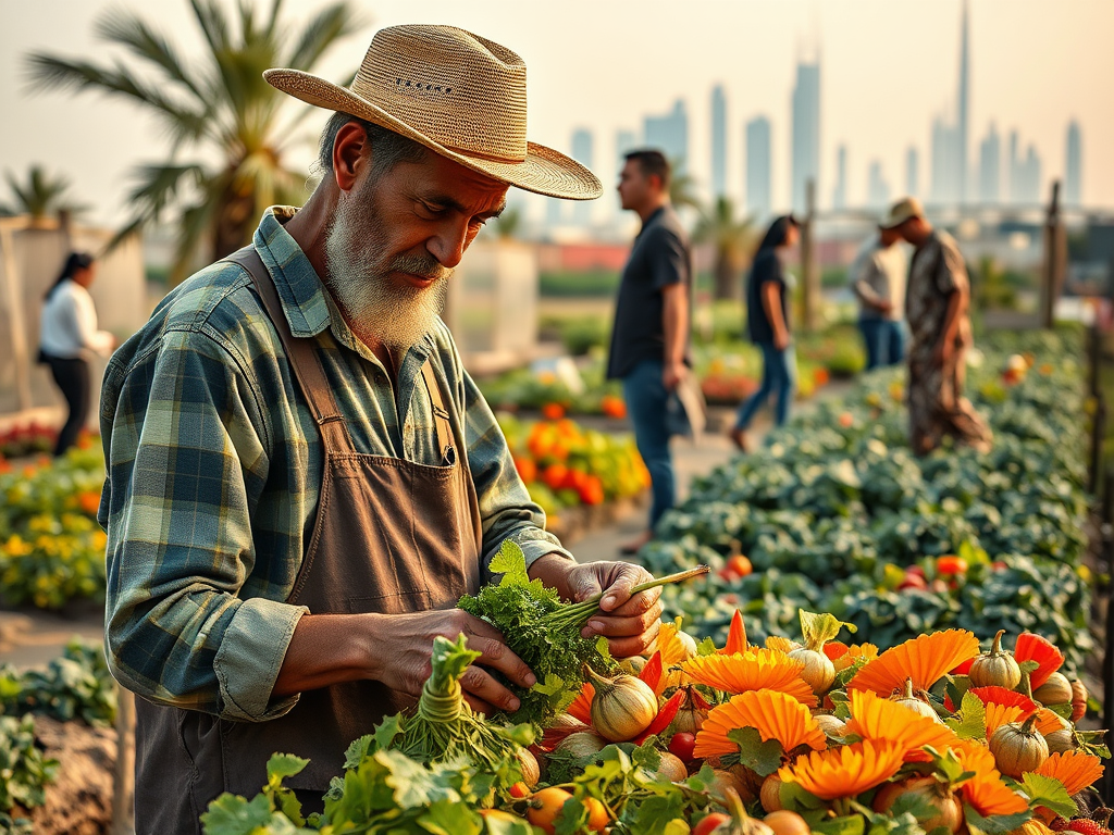 An elderly man in a straw hat tends to vibrant vegetables and flowers in a garden with a city skyline in the background.