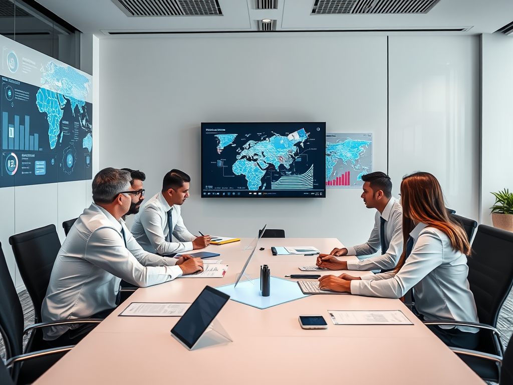 A business meeting with five people in suits, discussing data displayed on a screen in a modern conference room.