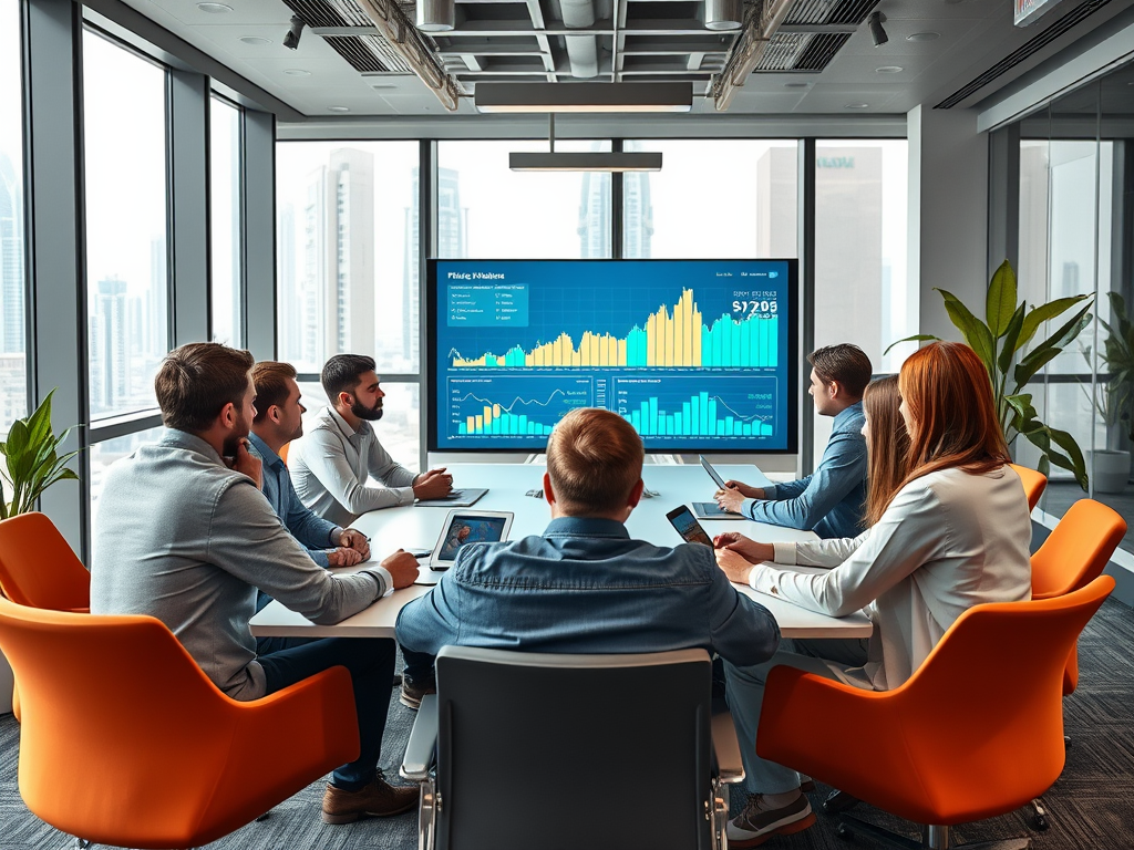 A group of six people in a conference room analyzing data displayed on a screen, with city views in the background.