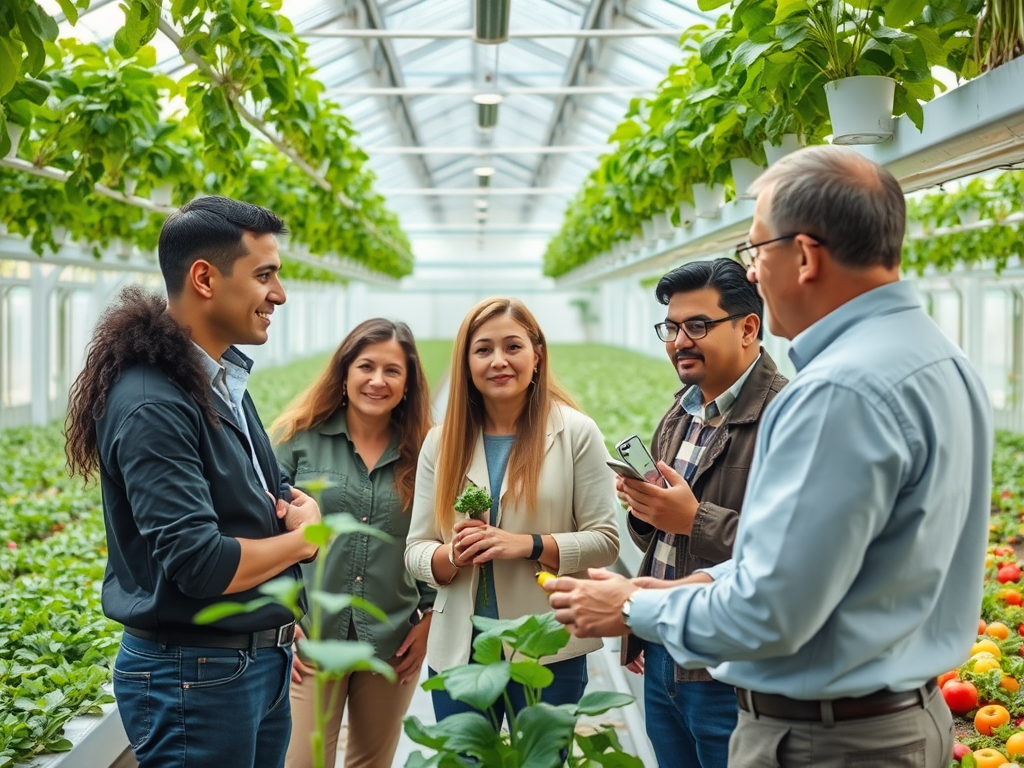 A group of five people converse in a greenhouse, surrounded by plants and greenery, sharing ideas and smiles.