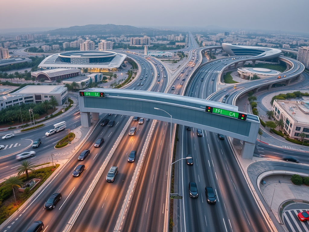 Aerial view of a bustling urban intersection with multiple highways and modern buildings in the background.