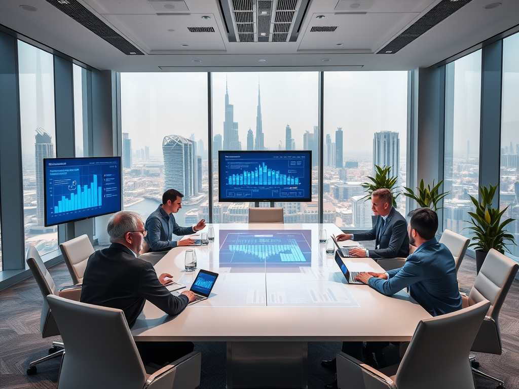 A modern conference room with professionals discussing data displayed on screens, overlooking a city skyline.