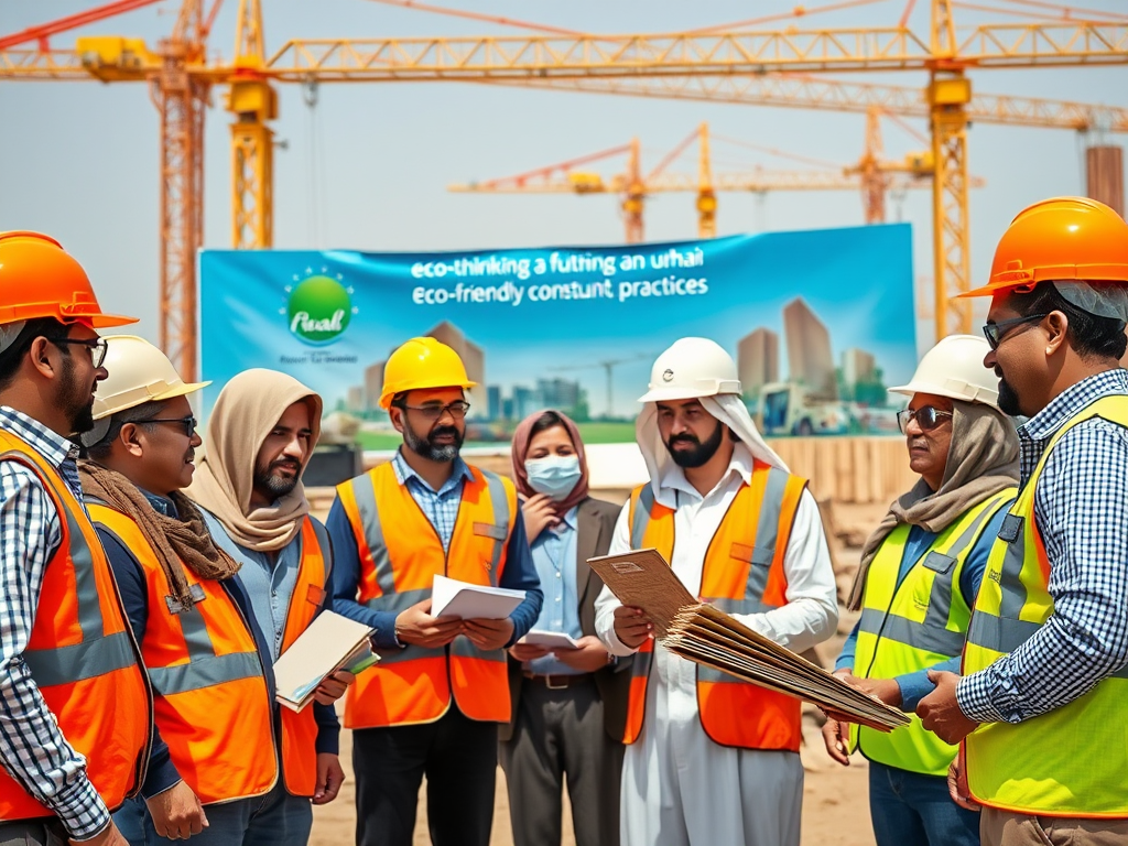 A group of construction workers in safety gear discusses eco-friendly practices at a construction site.