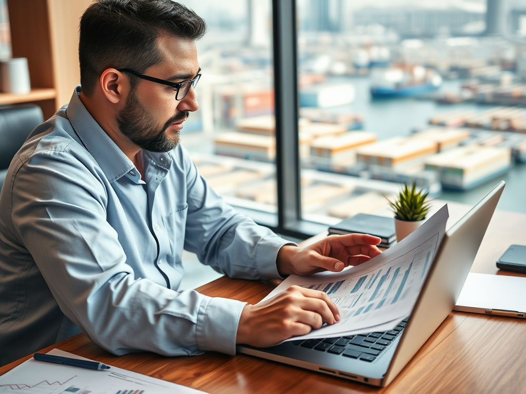 A man in a blue shirt reviews documents on a laptop, with a view of shipping containers outside the window.