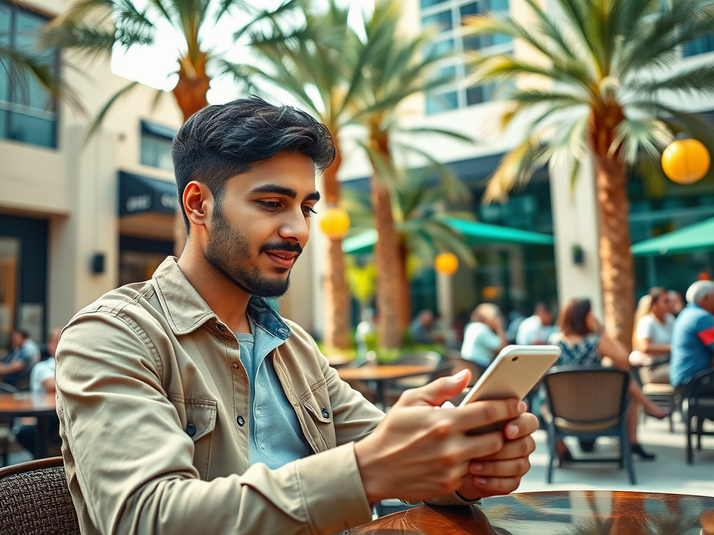 A young man sits at a café outdoors, looking at his phone, surrounded by palm trees and people in the background.