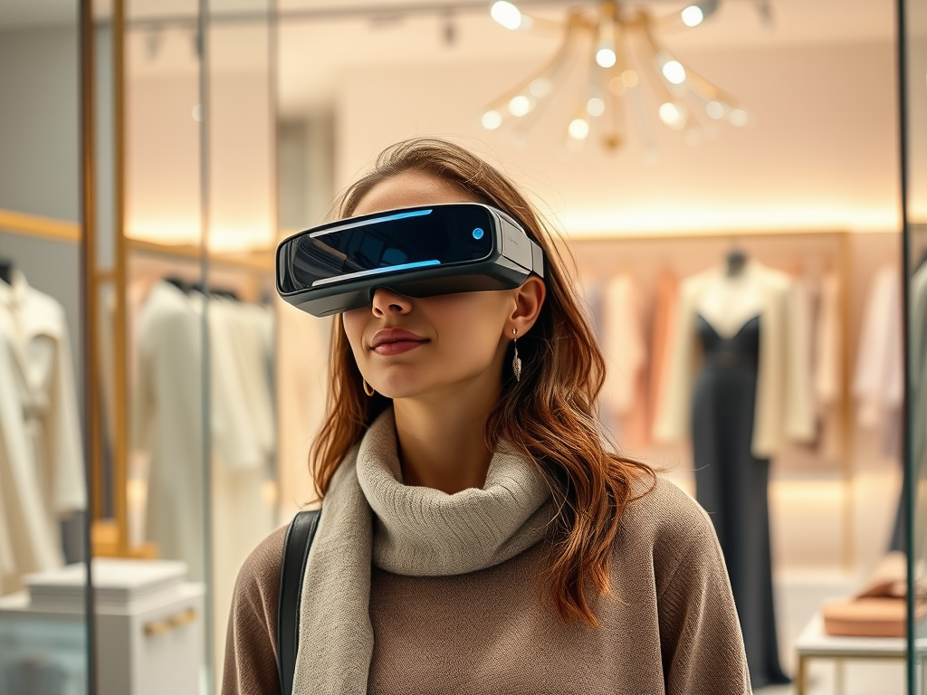 A woman wearing stylish virtual reality glasses stands in a boutique with elegant clothing displayed.