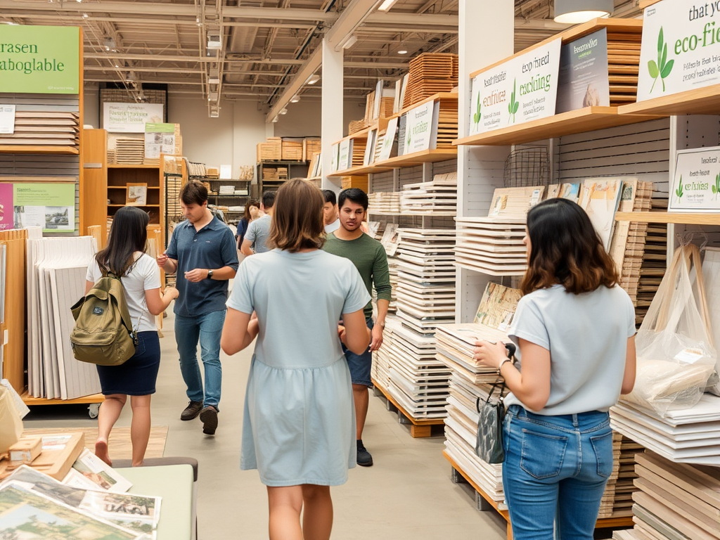 People are shopping in an art supply store, browsing eco-friendly products on wooden shelves.